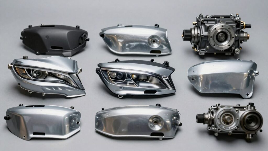 Used BYD car parts arranged for inspection.