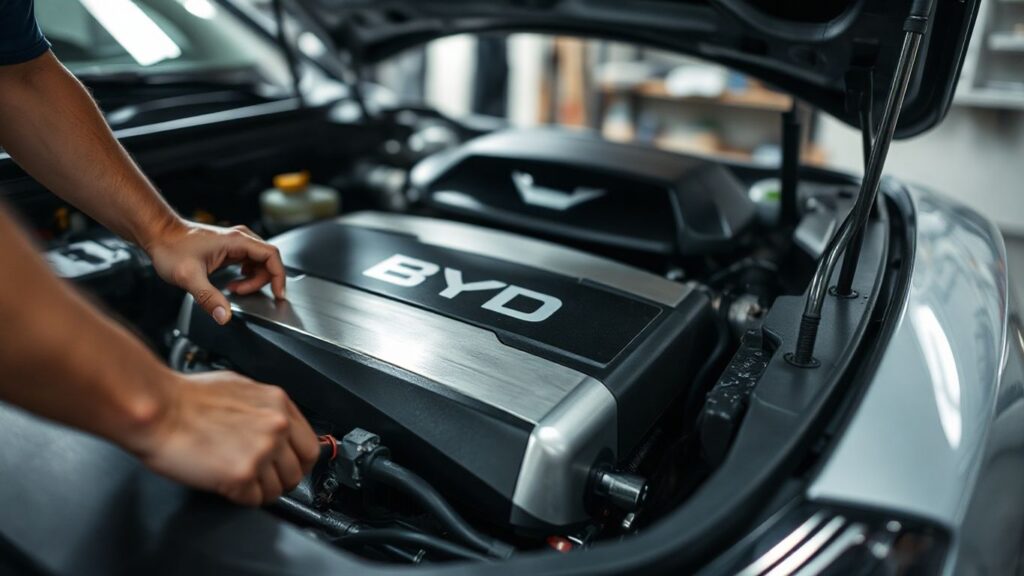 Mechanic fixing BYD car engine, saving money on repairs.