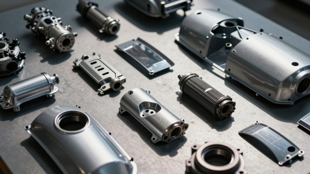 Cheap BYD car parts laid out for inspection.